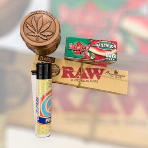 Pack Juicy: Grinder Metal + Papel RAW King Size + Clipper + Papel Rollo Juicy Jay