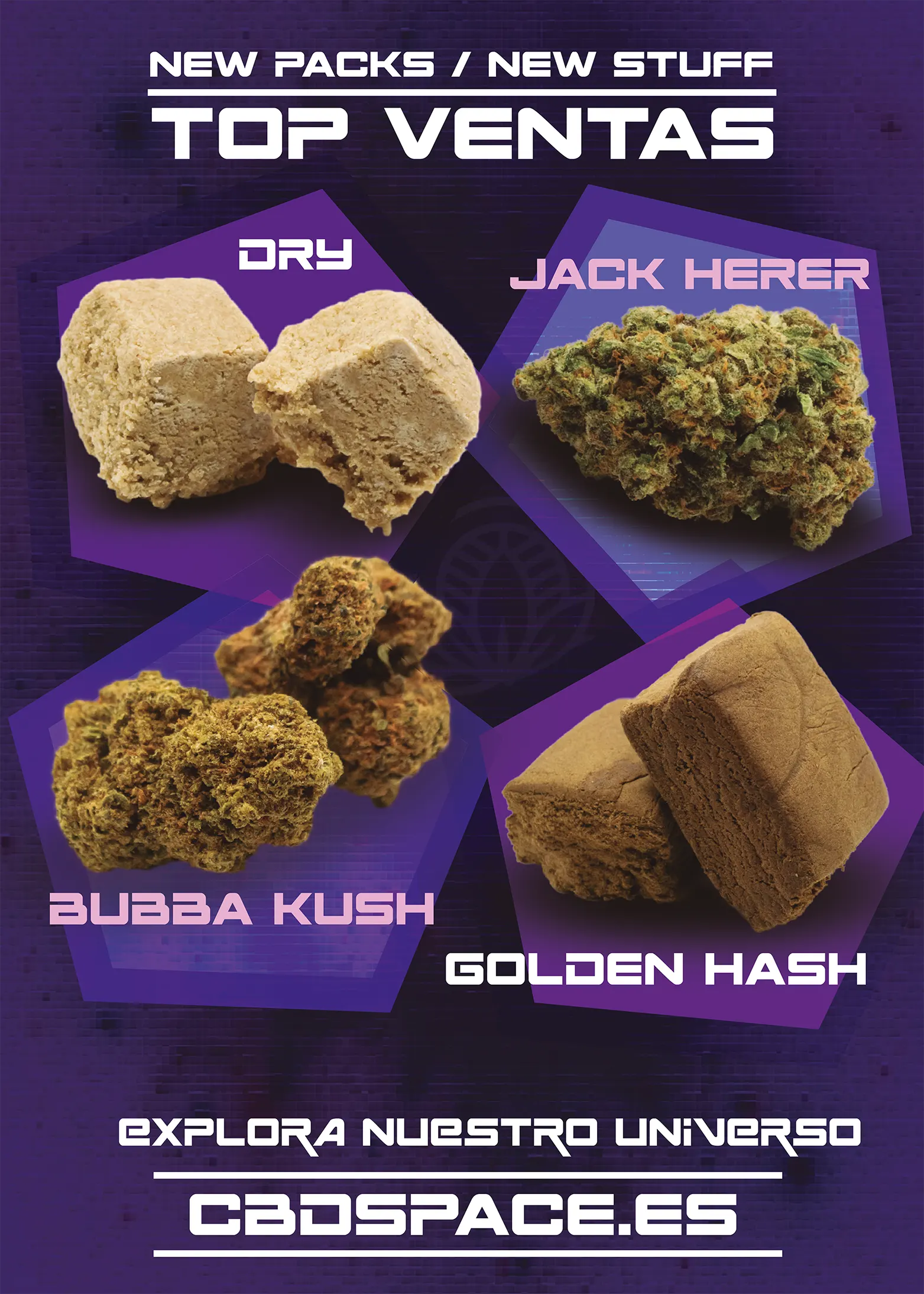 Productos CBD Space en promoción: Dry, Jack Herer, Bubba Kush y Golden Hash con 15% de descuento usando el código KOSMONAUTZ.